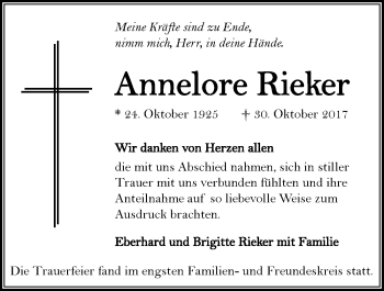 Traueranzeige von Annelore Rieker 