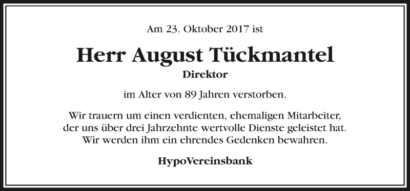  Traueranzeige für August Tückmantel vom 07.11.2017 aus 