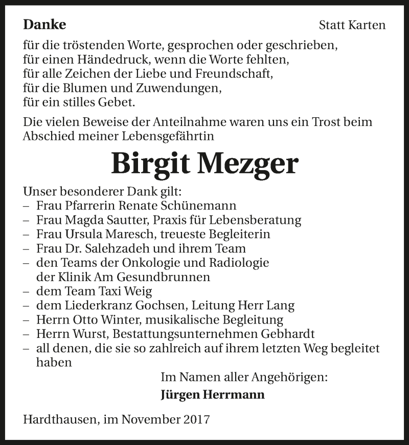  Traueranzeige für Birgit Mezger vom 10.11.2017 aus 