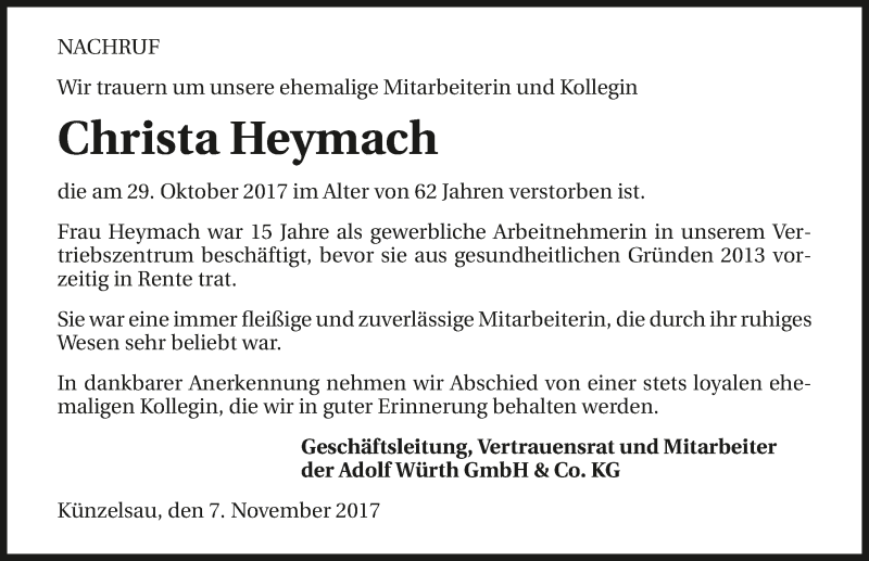  Traueranzeige für Christa Heymach vom 07.11.2017 aus 