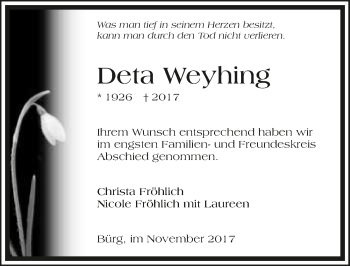 Traueranzeige von Deta Weyhing 
