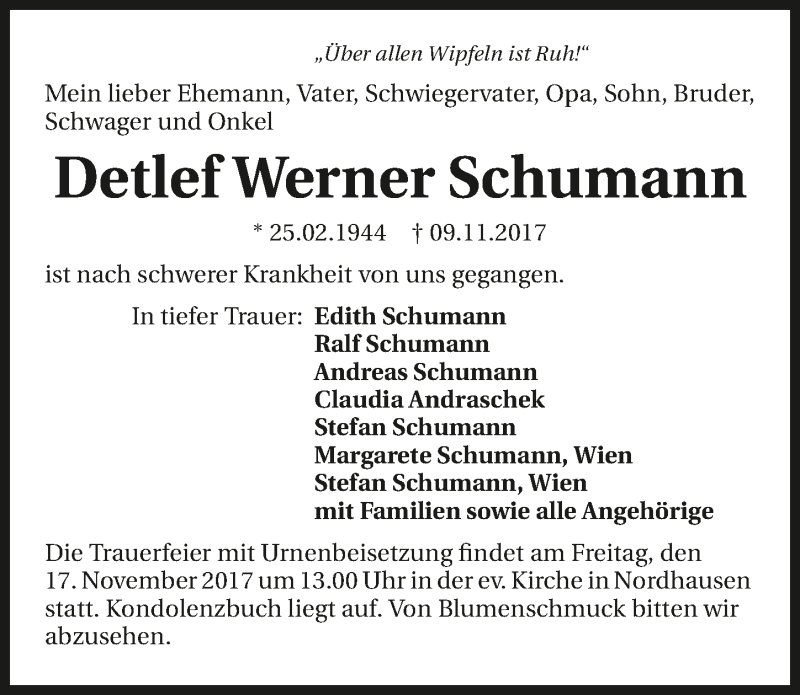  Traueranzeige für Detlef Werner Schumann vom 14.11.2017 aus 