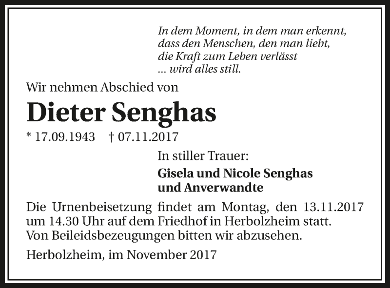  Traueranzeige für Dieter Senghas vom 10.11.2017 aus 