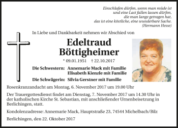 Traueranzeige von Edeltraud Böttigheimer 