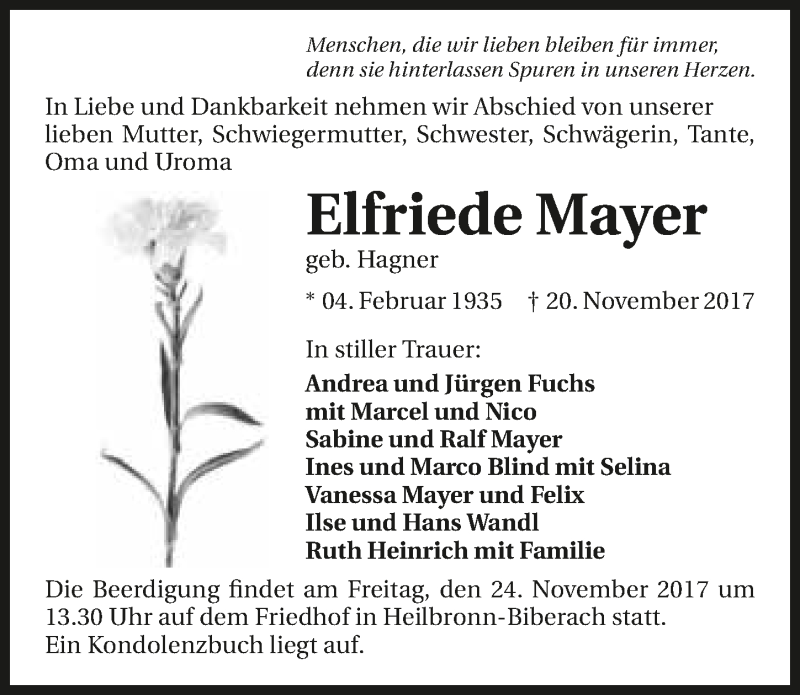  Traueranzeige für Elfriede Mayer vom 22.11.2017 aus 