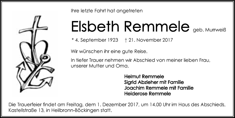  Traueranzeige für Elsbeth Remmele vom 25.11.2017 aus 