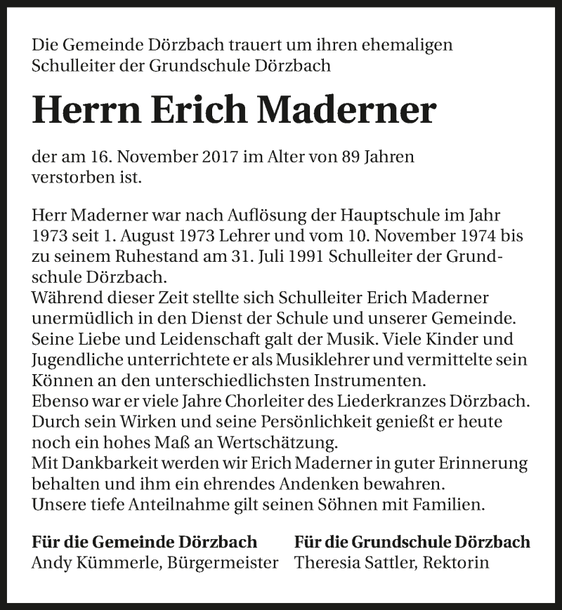  Traueranzeige für Erich Maderner vom 24.11.2017 aus 