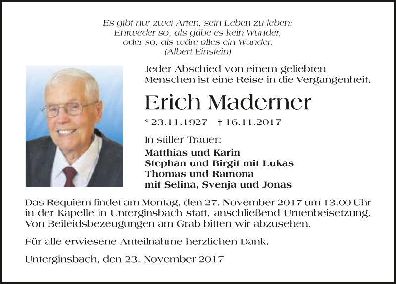  Traueranzeige für Erich Maderner vom 23.11.2017 aus 