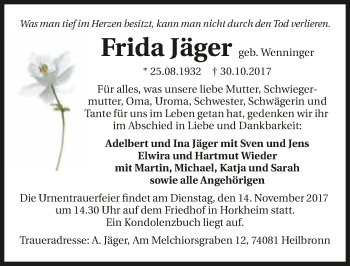 Traueranzeige von Frida Jäger 
