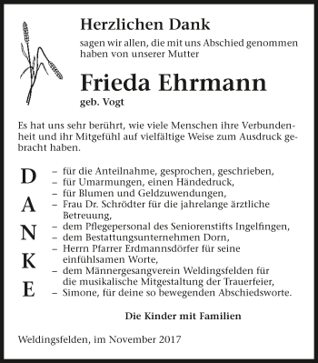 Traueranzeige von Frieda Ehrmann 