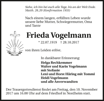 Traueranzeige von Frieda Vogelmann 
