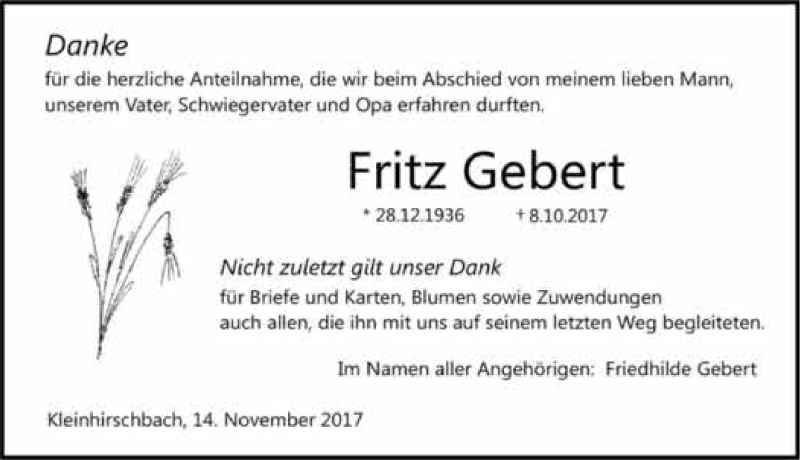 Traueranzeige für Fritz Gebert vom 14.11.2017 aus 