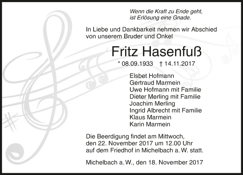  Traueranzeige für Fritz Hasenfuß vom 18.11.2017 aus 