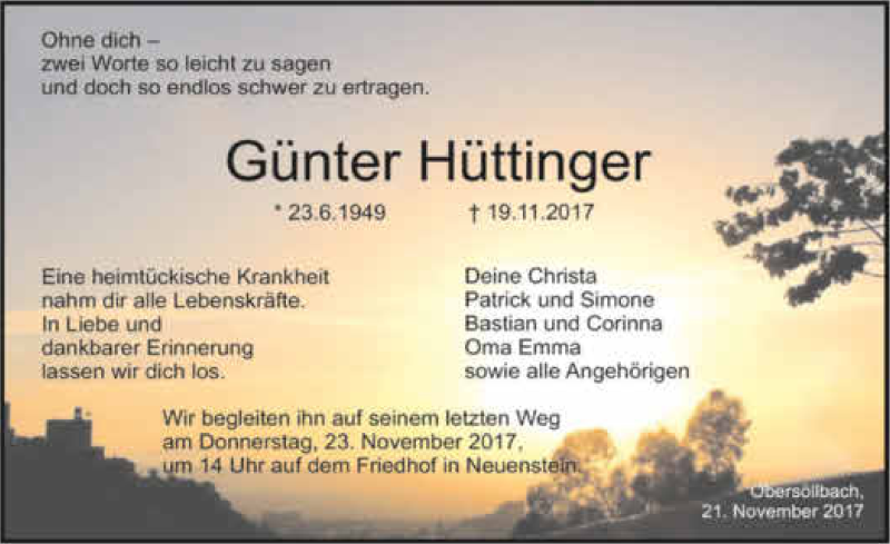  Traueranzeige für Günter Hüttinger vom 21.11.2017 aus 