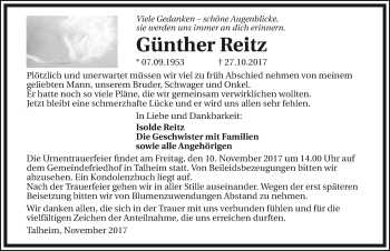 Traueranzeige von Günther Reitz 