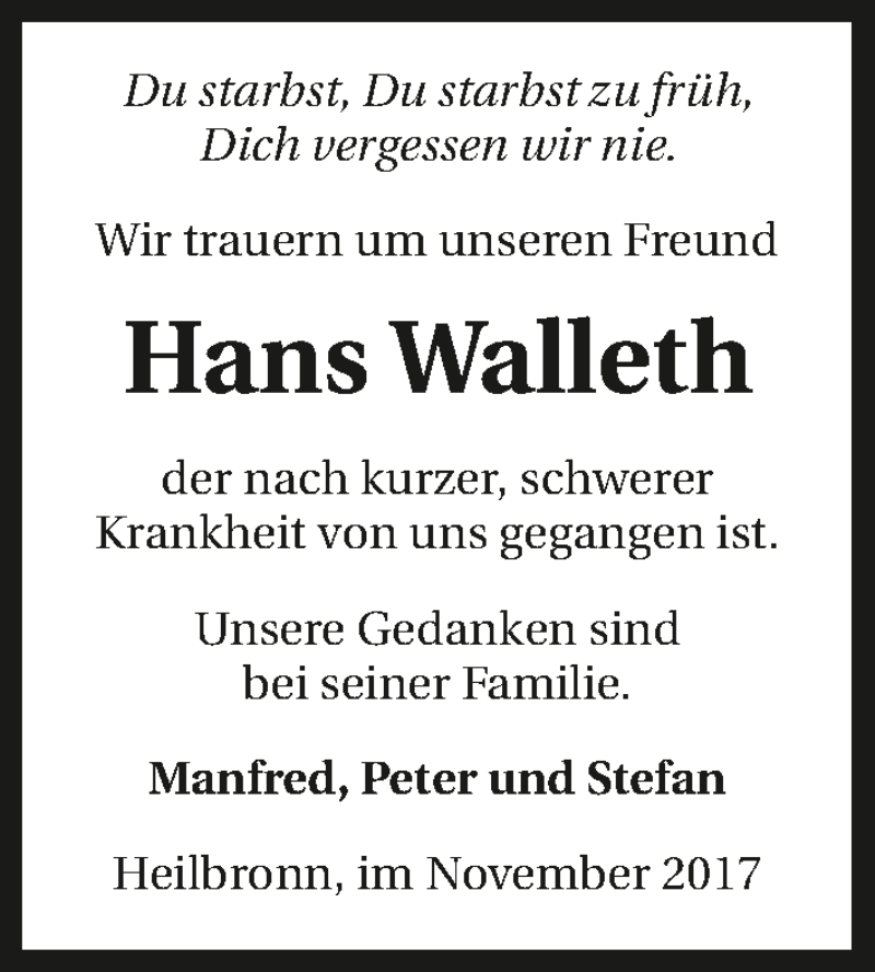  Traueranzeige für Hans Walleth vom 02.11.2017 aus 