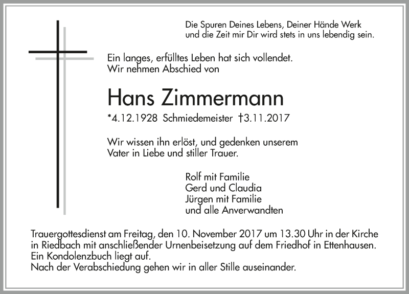  Traueranzeige für Hans Zimmermann vom 08.11.2017 aus 