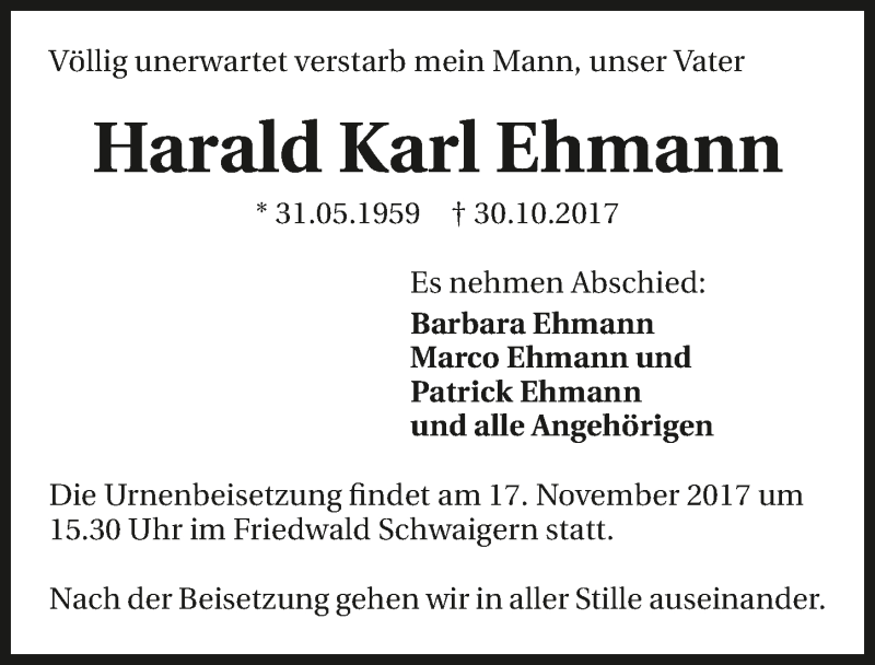  Traueranzeige für Harald Karl Ehmann vom 11.11.2017 aus 
