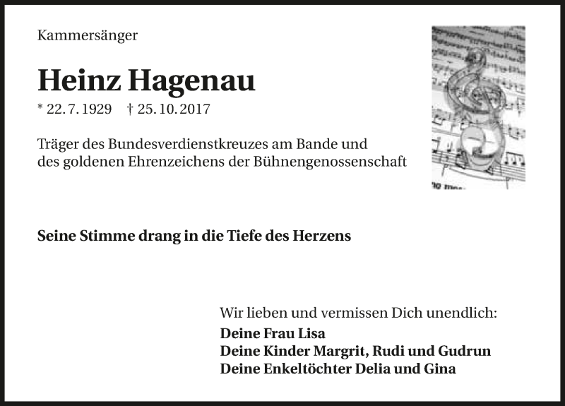  Traueranzeige für Heinz Hagenau vom 03.11.2017 aus 