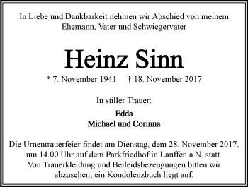 Traueranzeige von Heinz Sinn 