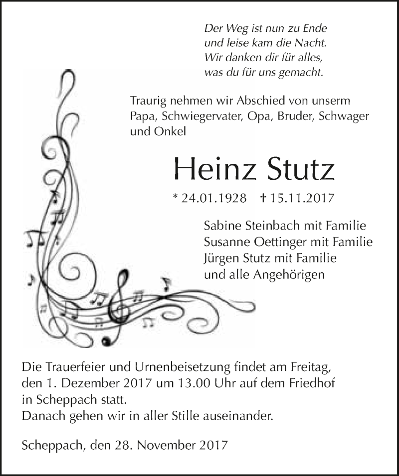  Traueranzeige für Heinz Stutz vom 28.11.2017 aus 