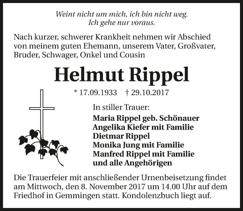 Traueranzeige für Helmut Rippel vom 04.11.2017 aus 