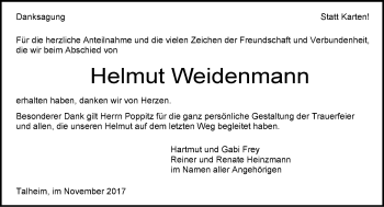 Traueranzeige von Helmut Weidenmann 