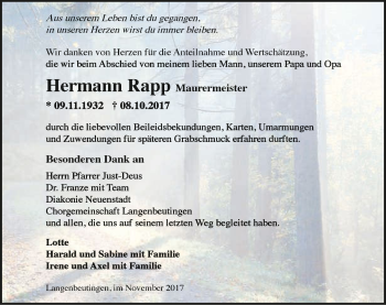 Traueranzeige von Hermann Rapp 