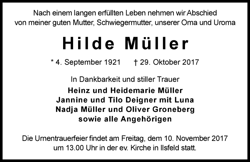  Traueranzeige für Hilde Müller vom 04.11.2017 aus 