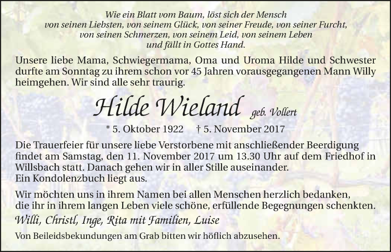  Traueranzeige für Hilde Wieland vom 09.11.2017 aus 