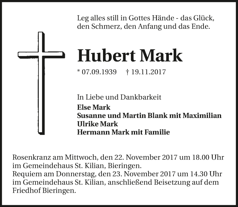  Traueranzeige für Hubert Mark vom 21.11.2017 aus 