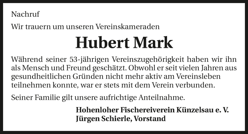  Traueranzeige für Hubert Mark vom 23.11.2017 aus 