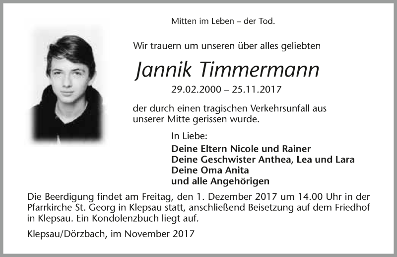 Traueranzeige für Jannik Timmermann vom 29.11.2017 aus 