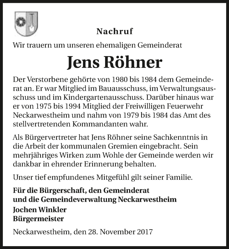  Traueranzeige für Jens Röhner vom 28.11.2017 aus 