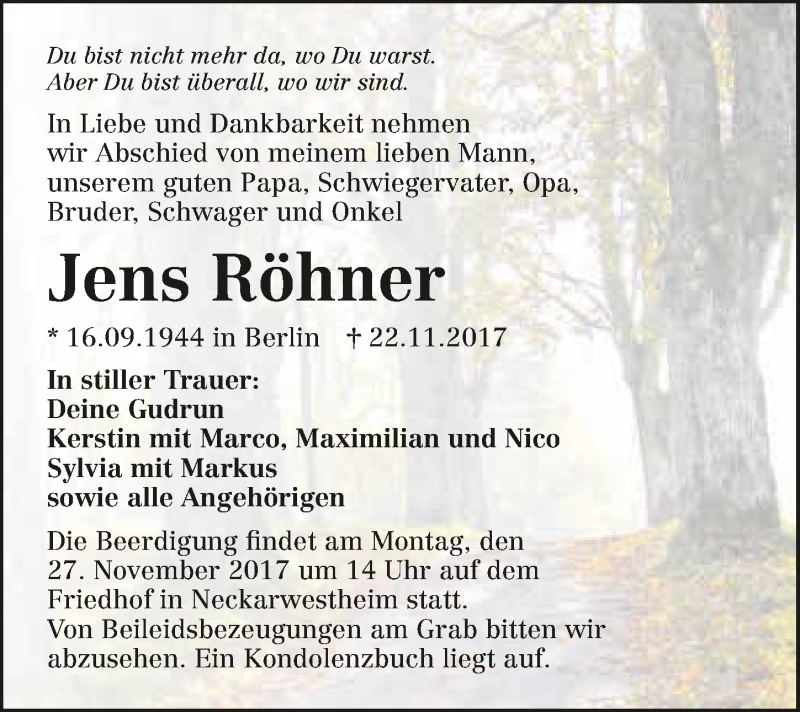  Traueranzeige für Jens Röhner vom 24.11.2017 aus 