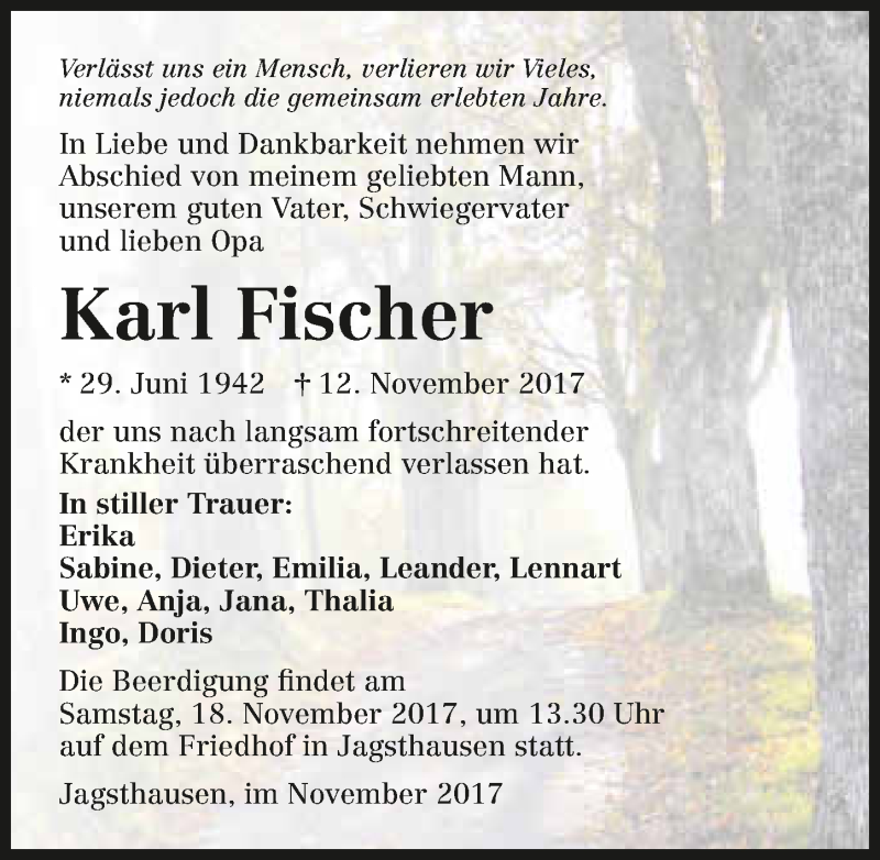  Traueranzeige für Karl Fischer vom 16.11.2017 aus 