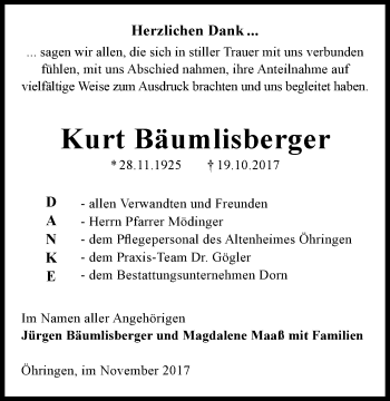 Traueranzeige von Kurt Bäumlisberger 