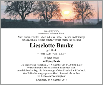 Traueranzeige von Lieselotte Bunke 