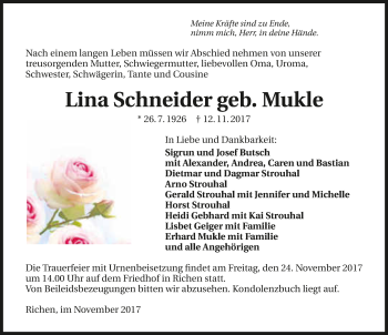 Traueranzeige von Lina Schneider 