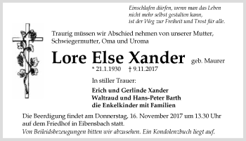 Traueranzeige von Lore Else Xander 