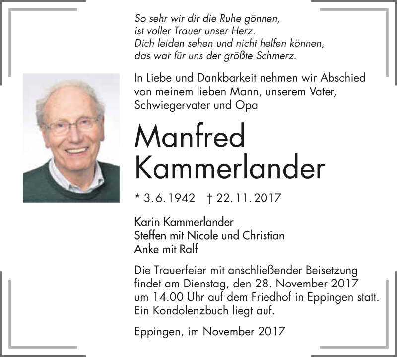  Traueranzeige für Manfred Kammerlander vom 24.11.2017 aus 