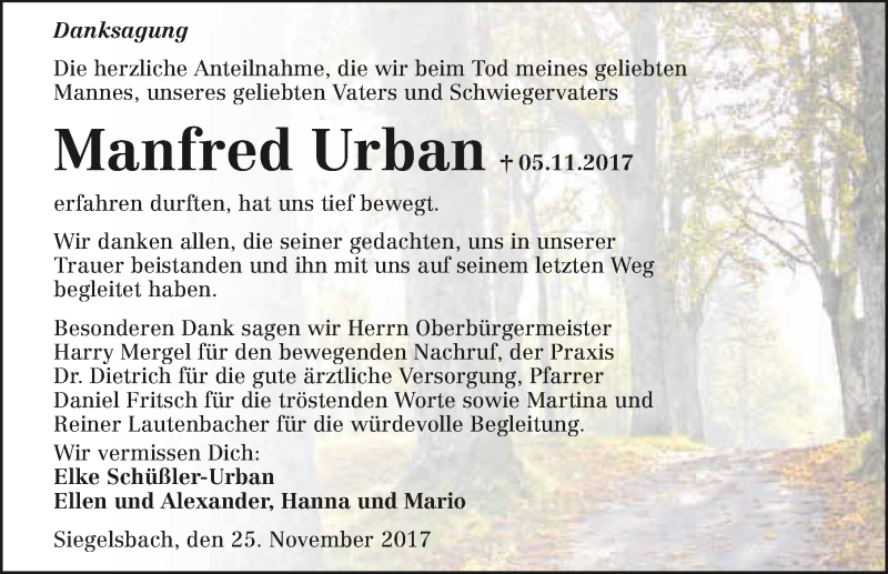  Traueranzeige für Manfred Urban vom 25.11.2017 aus 