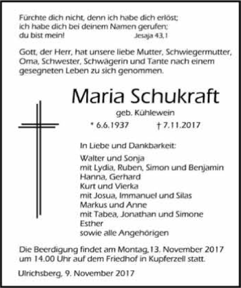 Traueranzeige von Maria Schukraft 
