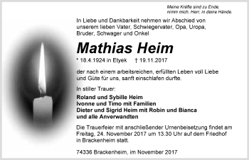Traueranzeige von Mathias Heim 
