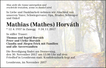 Traueranzeige von Mathias Horváth 
