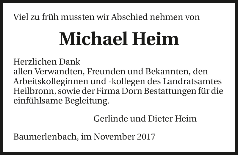  Traueranzeige für Michael Heim vom 08.11.2017 aus 