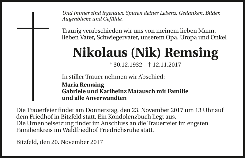  Traueranzeige für Nikolaus Remsing vom 20.11.2017 aus 