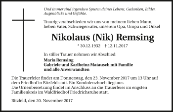 Traueranzeige von Nikolaus Remsing 