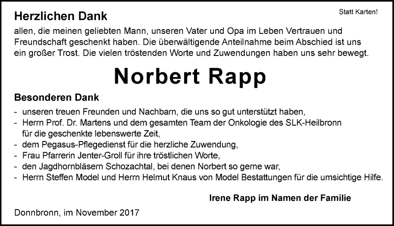  Traueranzeige für Norbert Rapp vom 25.11.2017 aus 