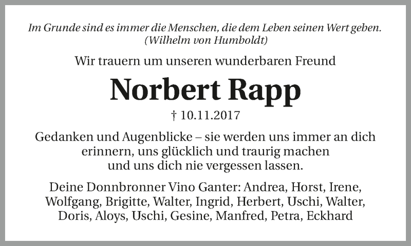  Traueranzeige für Norbert Rapp vom 14.11.2017 aus 